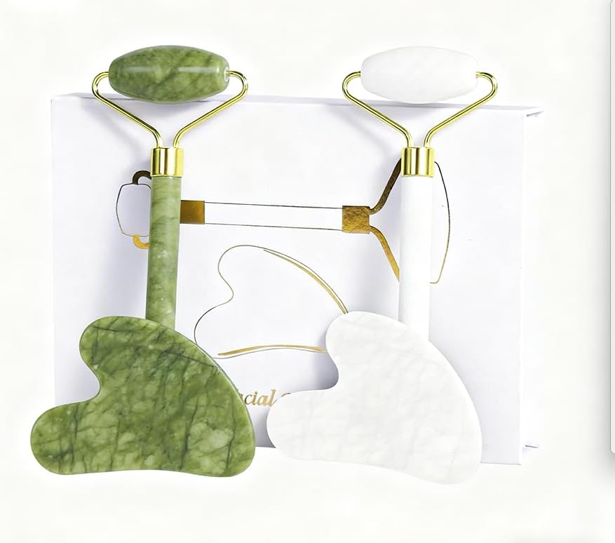 Jade Roller Gua Sha Tools - Nature Gua Sha Facial Tool Skin Tightening Face Massager Anti-Aging Jade Face Roller Puffiness Reducing Guasha Stone for Women Men（Green）