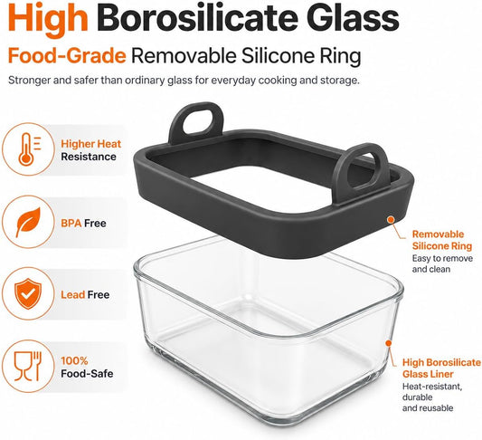 Air Fryer Glass Liner with Removable Silicone Ring, Air Fryer Accessories | Reusable Glass Air Fryer Basket Insert for Ninja Foodi DZ201 DZ401 DZ550, 8-10QT Dual Air Fryer, Dishwasher Safe, Easy Rinse