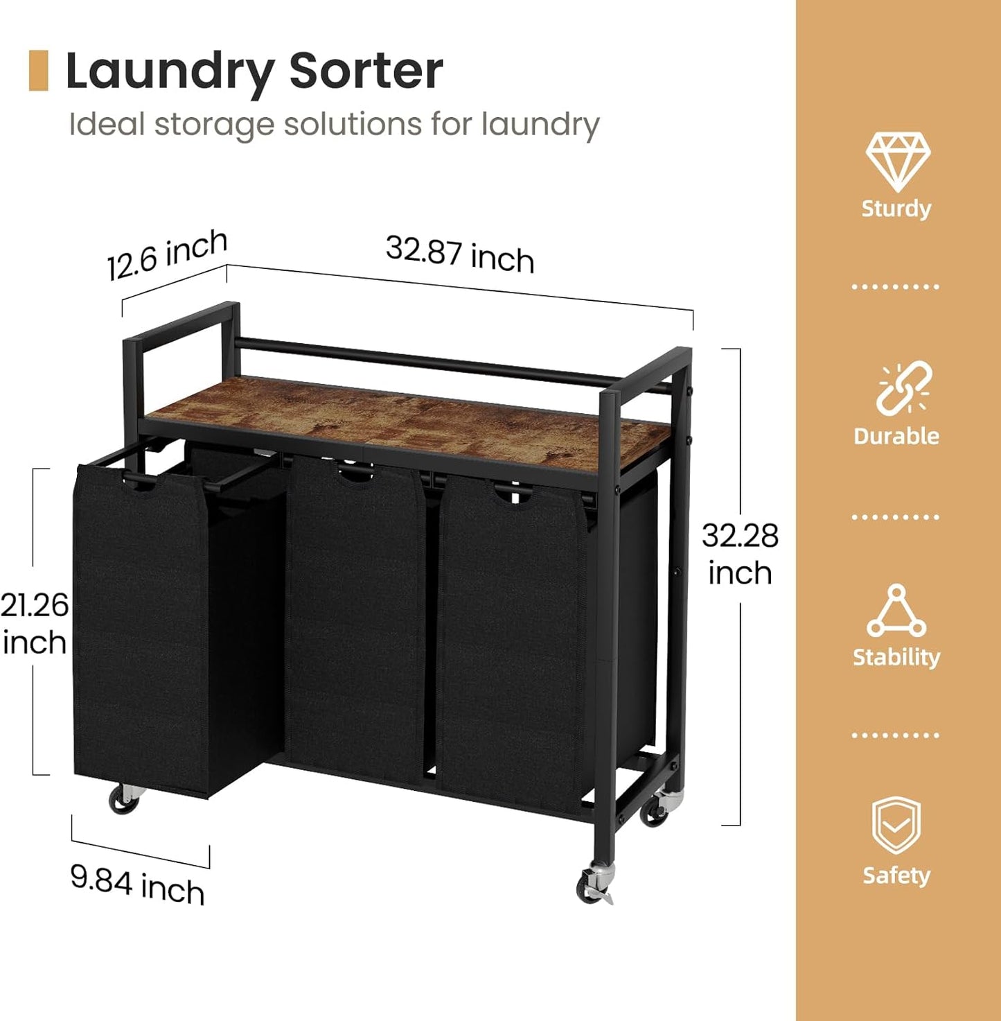 SwaaVee Laundry Sorter, Laundry Hamper 3 Section, 3×11.4Gal, Metal Frame Rolling Laundry Basket with Wooden Top Shelf, Pull out and Removable Laundry Bags, 3 Bags-Black