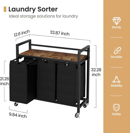 SwaaVee Laundry Sorter, Laundry Hamper 3 Section, 3×11.4Gal, Metal Frame Rolling Laundry Basket with Wooden Top Shelf, Pull out and Removable Laundry Bags, 3 Bags-Black
