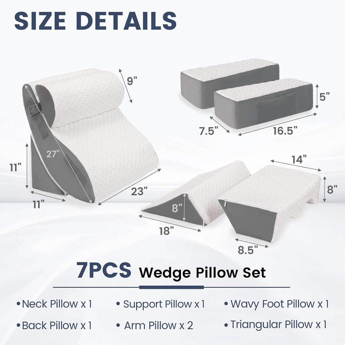 5PCS Wedge Pillow Set for After Surgery, Adjustable Orthopedic Foam Bed Wedge Pillow for Acid Reflux, GERD & Heartburn Relief, Back & Leg Elevation Support for Sleeping & Sitting Up, White Grey