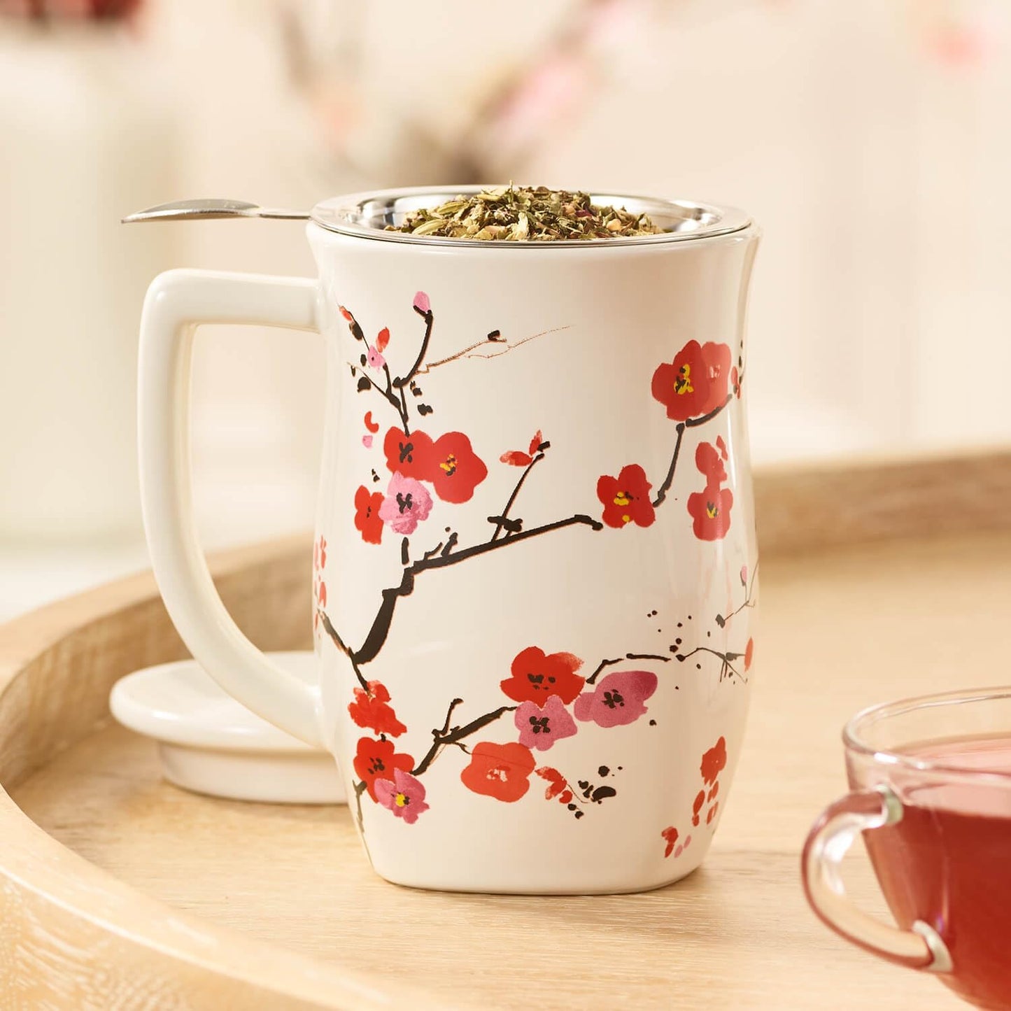 Tea Forte Ceramic Fiore Tea Cup with Infuser, Blue Agave, 14 oz | Insulated Ceramic - Stainless Steel Loose Leaf Infuser - Keeps Tea Hot Longer - Lid Included - Microwave & Dishwasher Safe