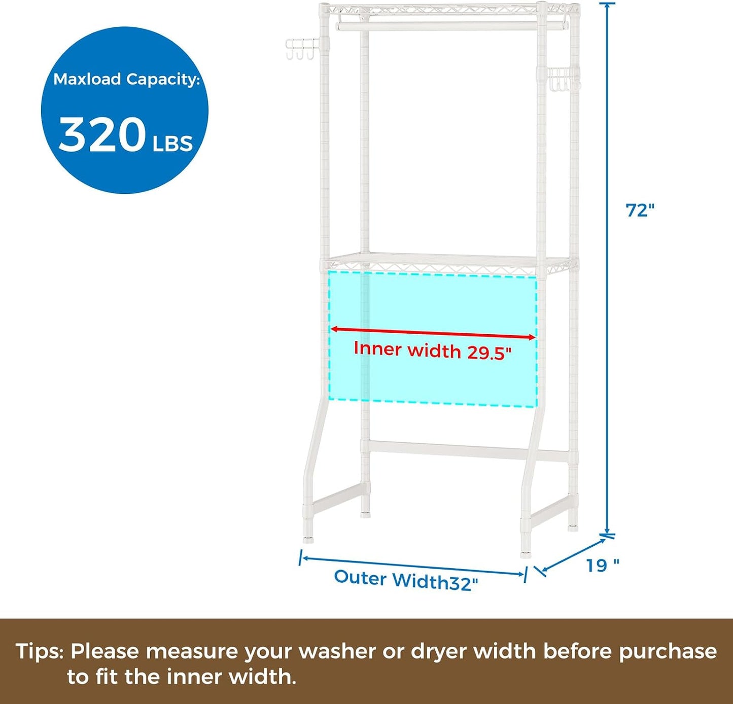 Golpart Laundry Organizer Shelves Over the Washer and Dryer Storage Shelf | Heavy Duty Laundry Room Organization Clothes Drying Rack Adjustable Height Wire Shelving and Wire Basket with Hanger Rod