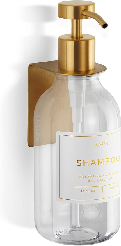 Shower Shampoo Dispenser Wall Mounted – 3 Refillable 16.9 oz Clear Bottles with Stainless Steel Pumps & No-Drill Adhesive Holders – Soap Dispenser Set for Bathroom (3 X Clear/Silver)