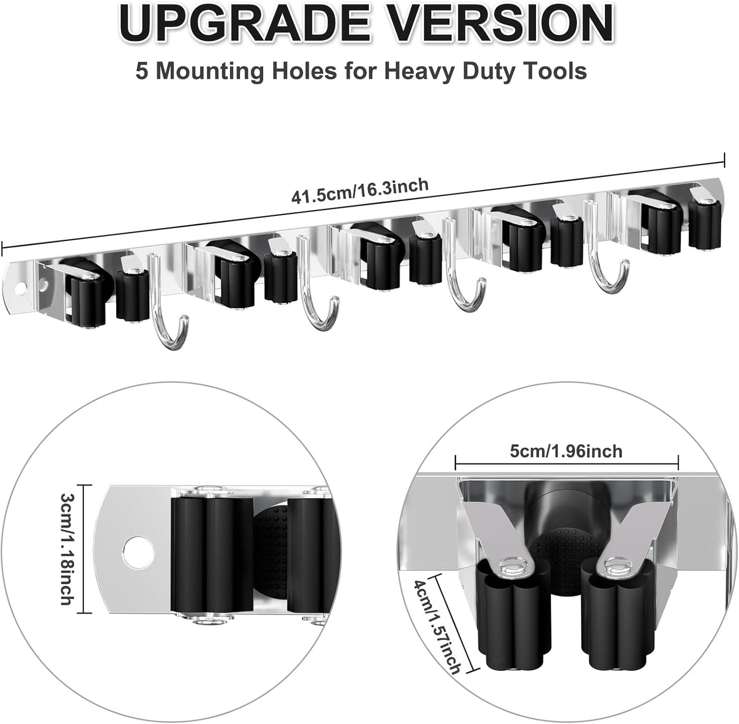 HANZENMA Broom Holder Wall Mount, Broom Organizer Wall Mount Stainless Steel Broom and Mop Hanger Heavy Duty Storage Organization for Home Kitchen Garden Garage Room 5 Racks 4 Hooks
