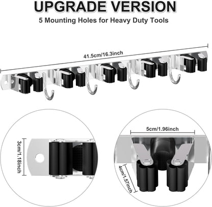 HANZENMA Broom Holder Wall Mount, Broom Organizer Wall Mount Stainless Steel Broom and Mop Hanger Heavy Duty Storage Organization for Home Kitchen Garden Garage Room 5 Racks 4 Hooks