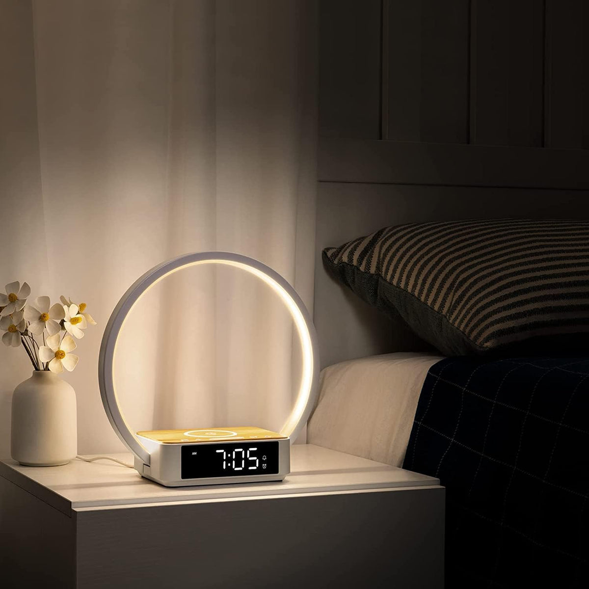 WILIT Bedside Lamp with Alarm Clock, Sunrise Wake-up Light, Wood Grain
