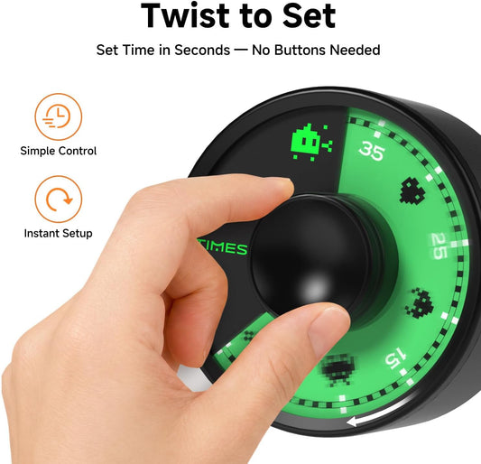 60-Minute Visual Timer with Twist-to-Set Dial and Loud Alarm, Black