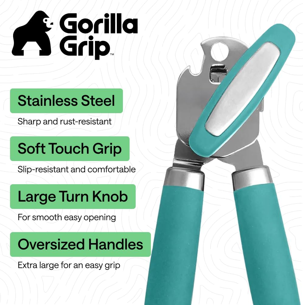 GORILLA GRIP Original Model Stainless Steel Smooth Edge Manual Can Opener and Bottle Openers, US Designed, Comfortable Handle, Oversized Handheld Turn Knob, Multifunctional Kitchen Tool, Gray