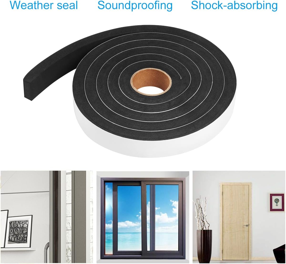 2 Rolls Foam Seal Tape for Door Window Insulation, Soundproof and Shockproof Foam Adhensive Strip, 3/8" Wx3/16 T Single Sided Foam Tape, Cold Air and Draft Closed Cell Seal Strip,Total 32FT