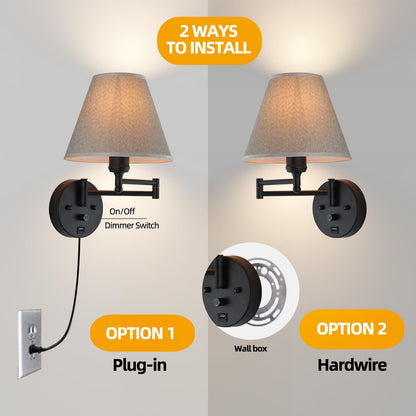 Swing Arm Wall Lamp Plug in Wall Sconces Adjustable Vintage Industrial Reading Light Bedside Wall Mount Light with Dimmable Switch and USB Port Black
