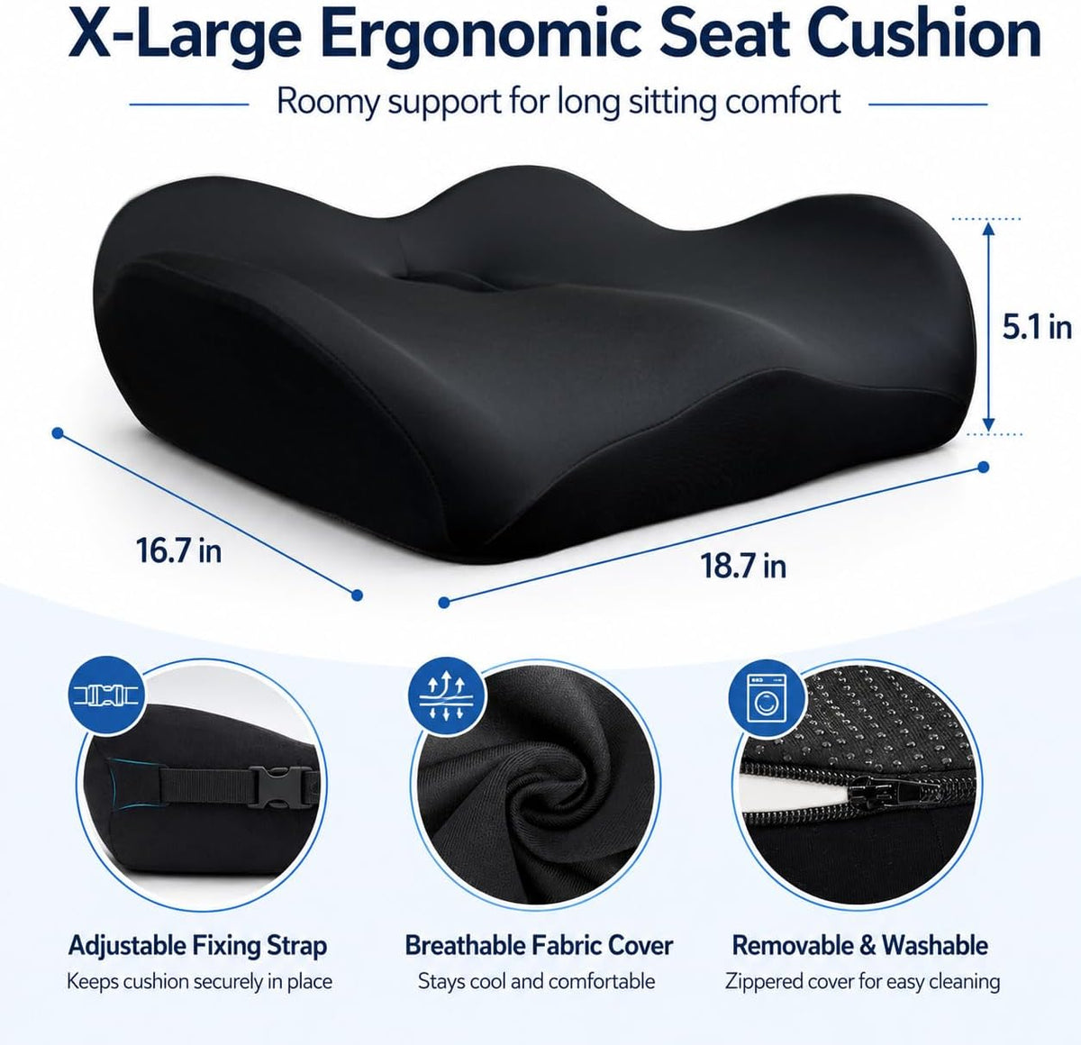 X Large Memory Foam Seat Cushion for Office Chair, High-Density Pad with Non-Slip Bottom and Adjustable Strap, Tailbone Pressure Relief for Long Sitting, Desk Work, Car, Wheelchair, Black