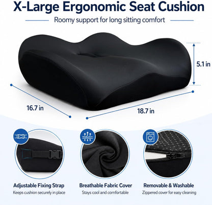 X Large Memory Foam Seat Cushion for Office Chair, High-Density Pad with Non-Slip Bottom and Adjustable Strap, Tailbone Pressure Relief for Long Sitting, Desk Work, Car, Wheelchair, Black