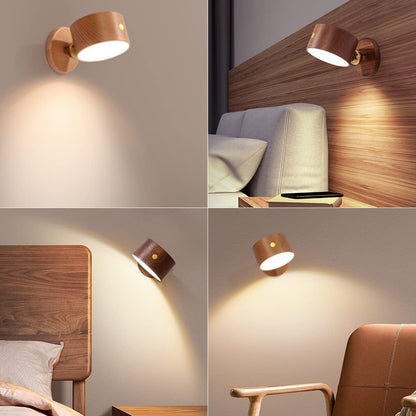 Wooden Wall Sconce 360° Rotatable Magnetic Stick on Bedside- Beech,1 PCS | Wall light self adhesive,dimmable touch control. USB-C port, minimalist style in hallways,closets,desk,reading,ambient