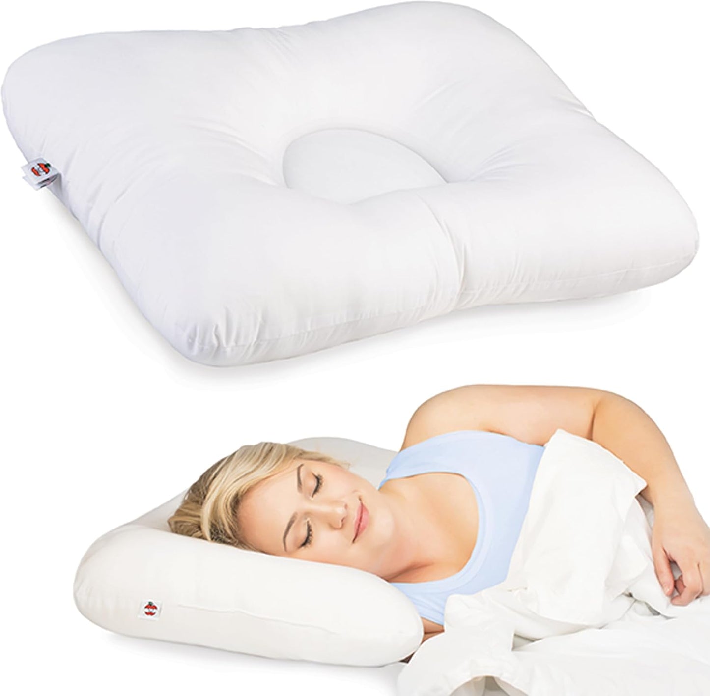 Ergonomic Cervical Pillow for Neck Pain Relief Back & Side Sleepers MID WH | Patented D-shaped center cradles the head while dual neck rolls support proper cervical alignment for restful sleep.