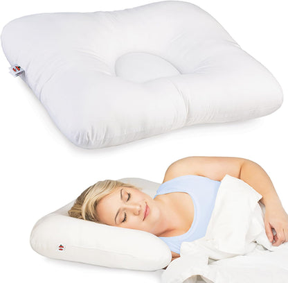 Ergonomic Cervical Pillow for Neck Pain Relief Back & Side Sleepers MID WH | Patented D-shaped center cradles the head while dual neck rolls support proper cervical alignment for restful sleep.