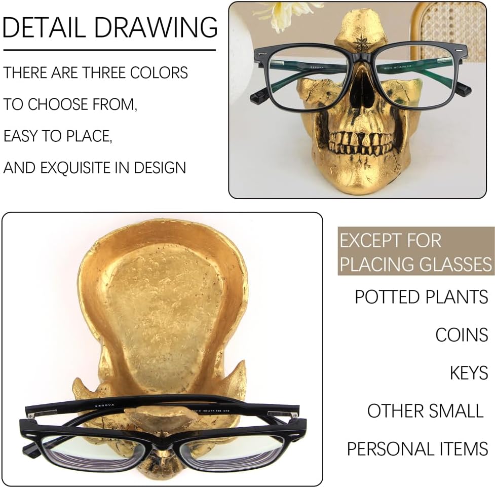 Mrlikale Skull Glasses Stand Holder, Creative Eyeglasses Holder | Sunglasses Spectacle Display Rack, Key Holder Resin Sculptures for Entryway, Home, Office, Desk, Nightstand (Gold)