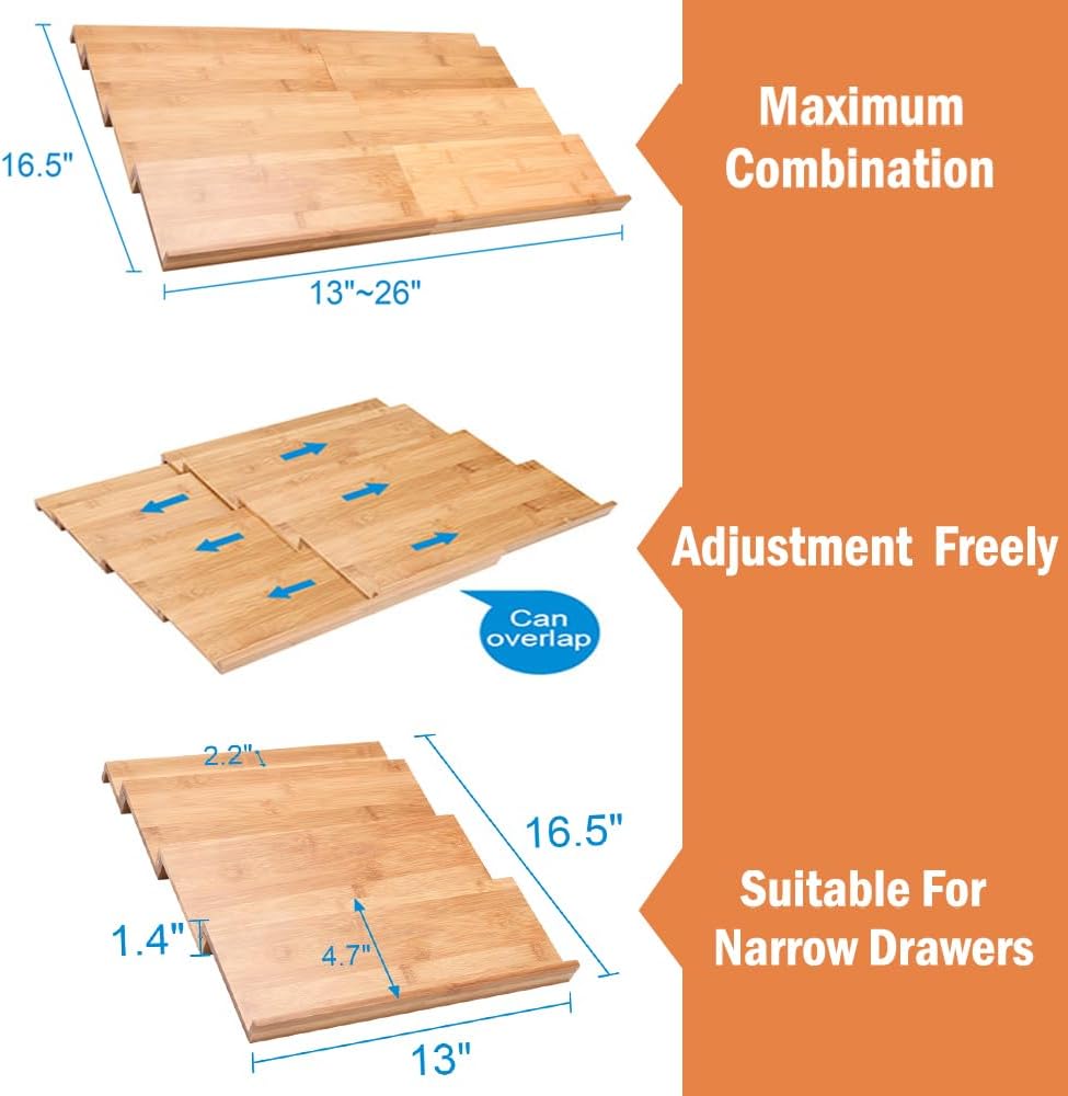 Bamboo Spice Drawer Organizer, 4 Tier Expandable From 13" to 26"