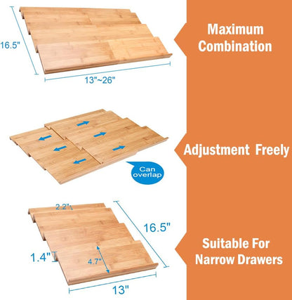 Bamboo Spice Drawer Organizer, 4 Tier Expandable From 13" to 26"