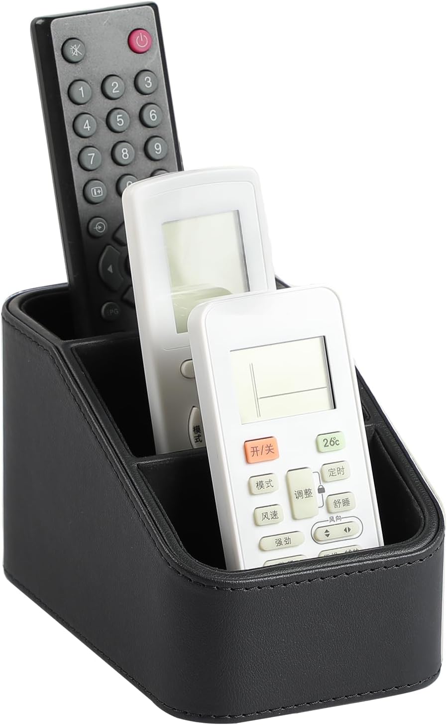 Remote Control Holder, Small Desk Organizer TV Remote Caddy, Black | PU Leather 3 Compartments Remote Holder, Remote Organizer Nightstand Organizer for Couch Bedside Living Room Office