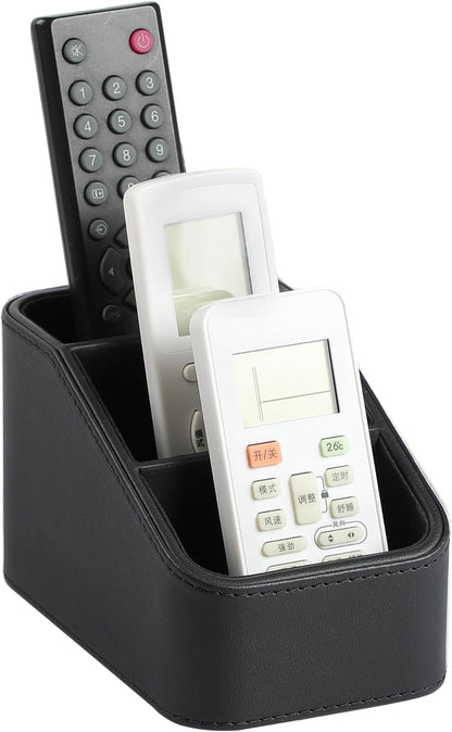 Remote Control Holder, Small Desk Organizer TV Remote Caddy, Black | PU Leather 3 Compartments Remote Holder, Remote Organizer Nightstand Organizer for Couch Bedside Living Room Office