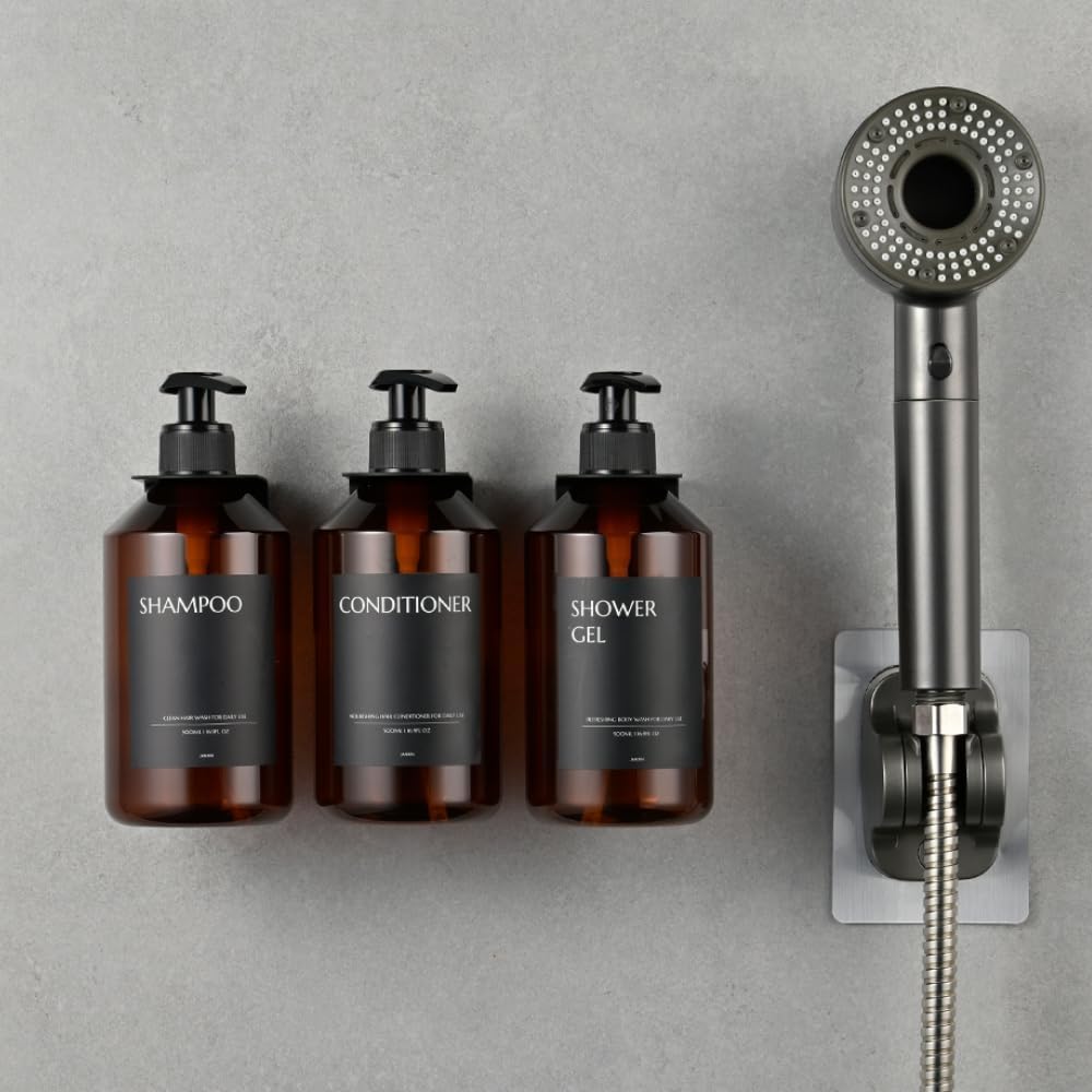 Shampoo and Conditioner Dispenser Set of 3 for Wall Mount | 16.9 fl oz Drill Free Shower Soap Bottles,Refillable Body Wash Dispensers for Bathroom Decor (Amber Bottles + Bamboo Pumps)