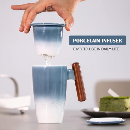 suyika Ceramic Tea Cup with Infuser and Lid Tea Mugs Wooden Handle 400ml/13.5oz Dark Green