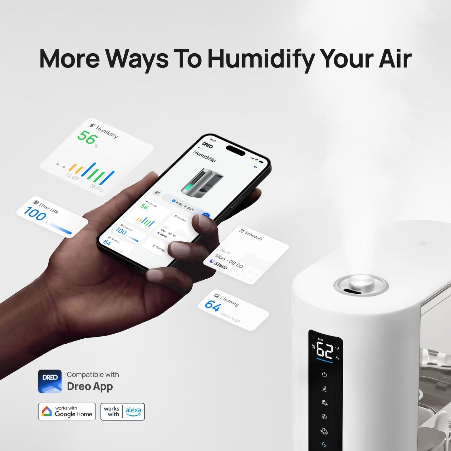DREO 6L Smart Humidifiers for Bedroom, Warm & Cool Mist for Large Room | 60-Hour Quiet Runtime, 500ML/H Output, Smart Humidity Sensor, Indicator Light, App Control, Works with Alexa & Google, Silver