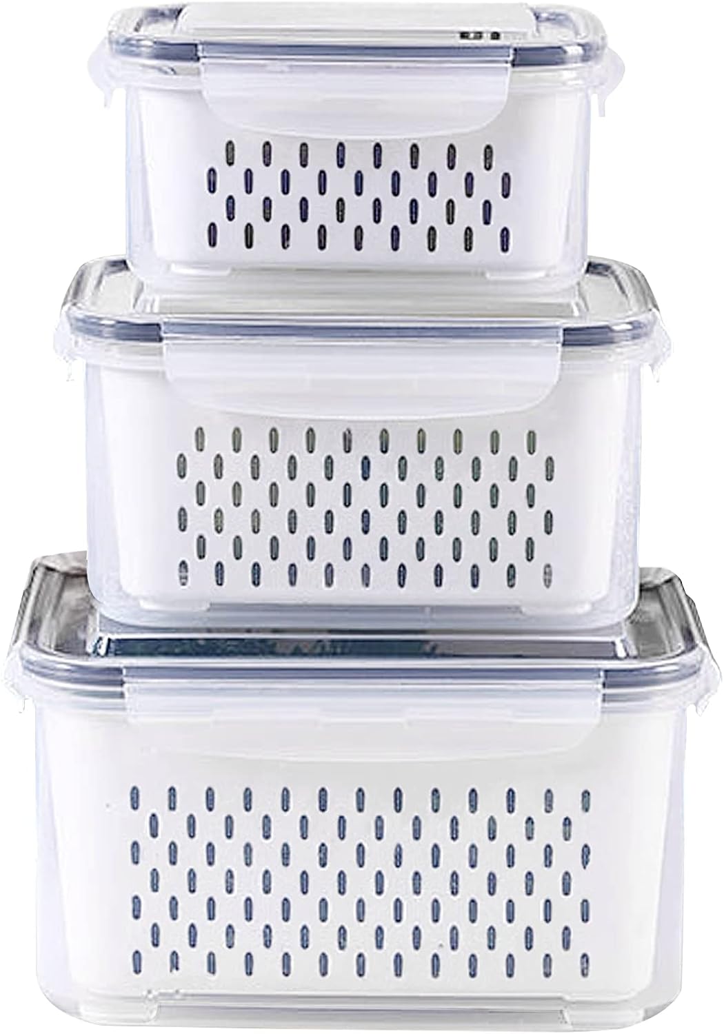 3Pack Fridge Food Storage Container Set with Lids with Strainer, Fruit Vegetable Storage Containers Keep Fruits, Vegetables, Berry, Meat Fresh longer, BPA-Free Plastic Produce Keepers