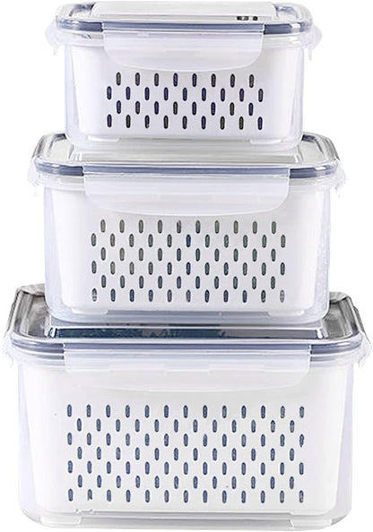 3Pack Fridge Food Storage Container Set with Lids with Strainer, Fruit Vegetable Storage Containers Keep Fruits, Vegetables, Berry, Meat Fresh longer, BPA-Free Plastic Produce Keepers