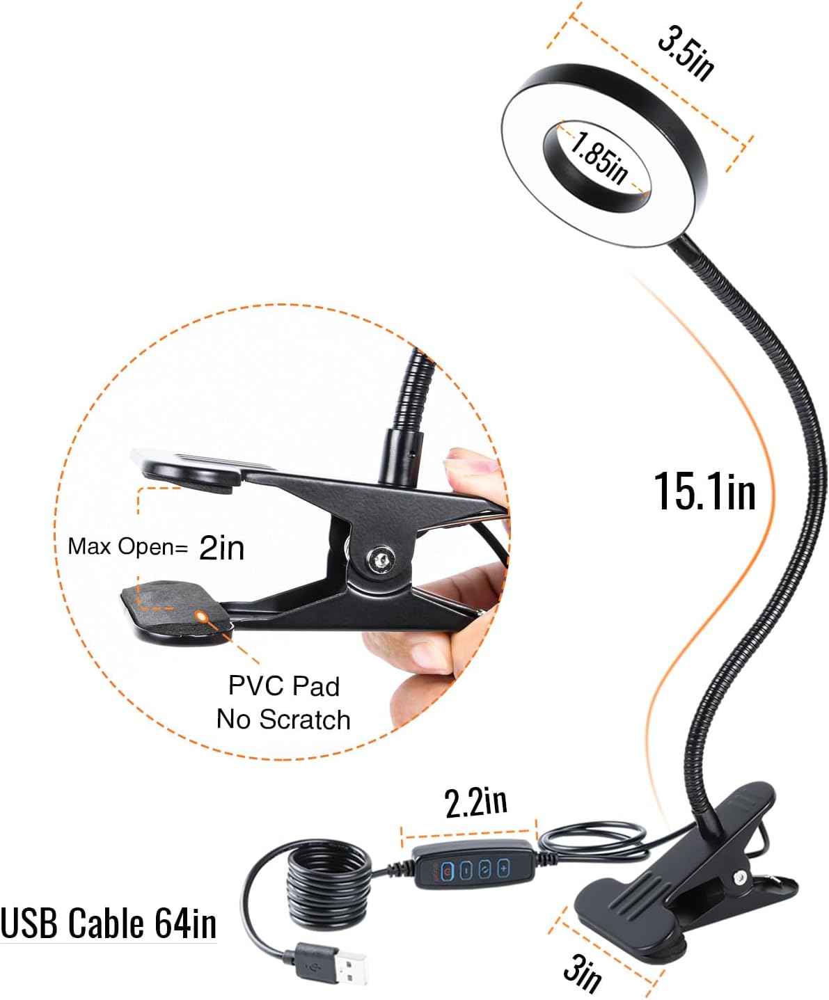 Clamp on Lamp, Desk Lamps, 8W Clip Light, Warm & Daylight & White Light 3 Colors, 10 Dimmable Illumination Modes (2 Pack)
