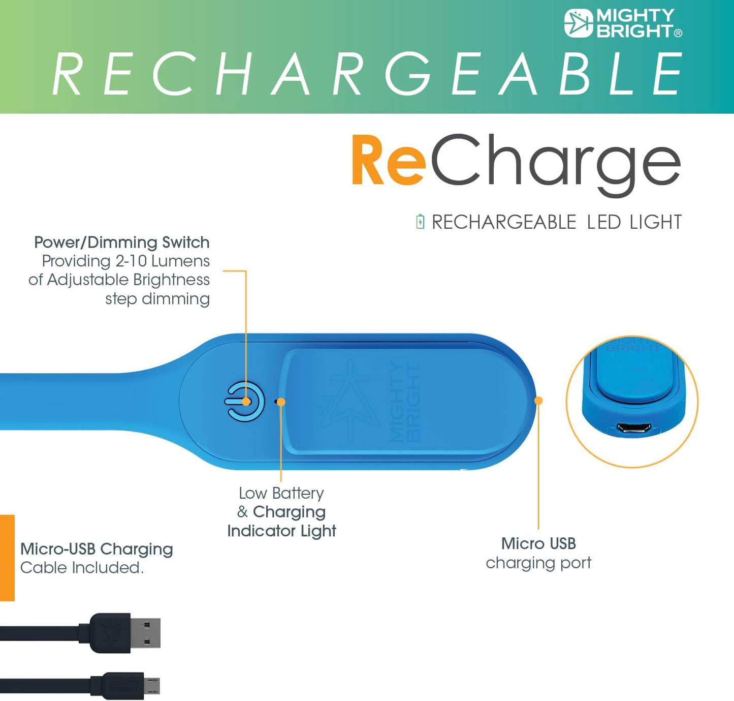 The Original Mighty Bright Recharge Clip On Rechargeable Book Light Reading Light, Warm Eye Care LEDs, Flexible, Durable, Dimmable, Perfect for Kids, Bookworms, Reading in Bed, Lasts 60 Hours (Green)