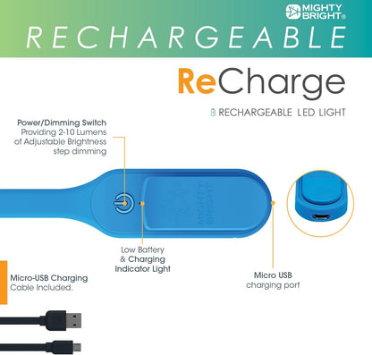 The Original Mighty Bright Recharge Clip On Rechargeable Book Light Reading Light, Warm Eye Care LEDs, Flexible, Durable, Dimmable, Perfect for Kids, Bookworms, Reading in Bed, Lasts 60 Hours (Green)