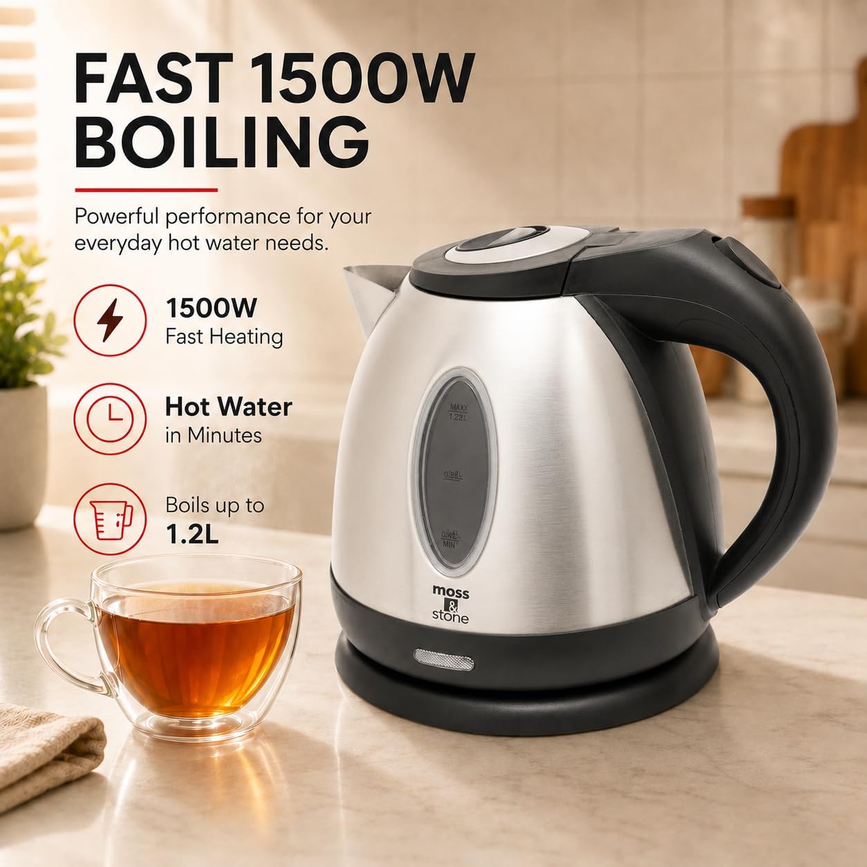 Moss & Stone Red Stainless Steel Electric Kettle, 1.2L Cordless 1500W | Small, portable hot water tea kettle, fast boiling pot, boil-dry protection, auto shut-off, blue Illuminate LED light