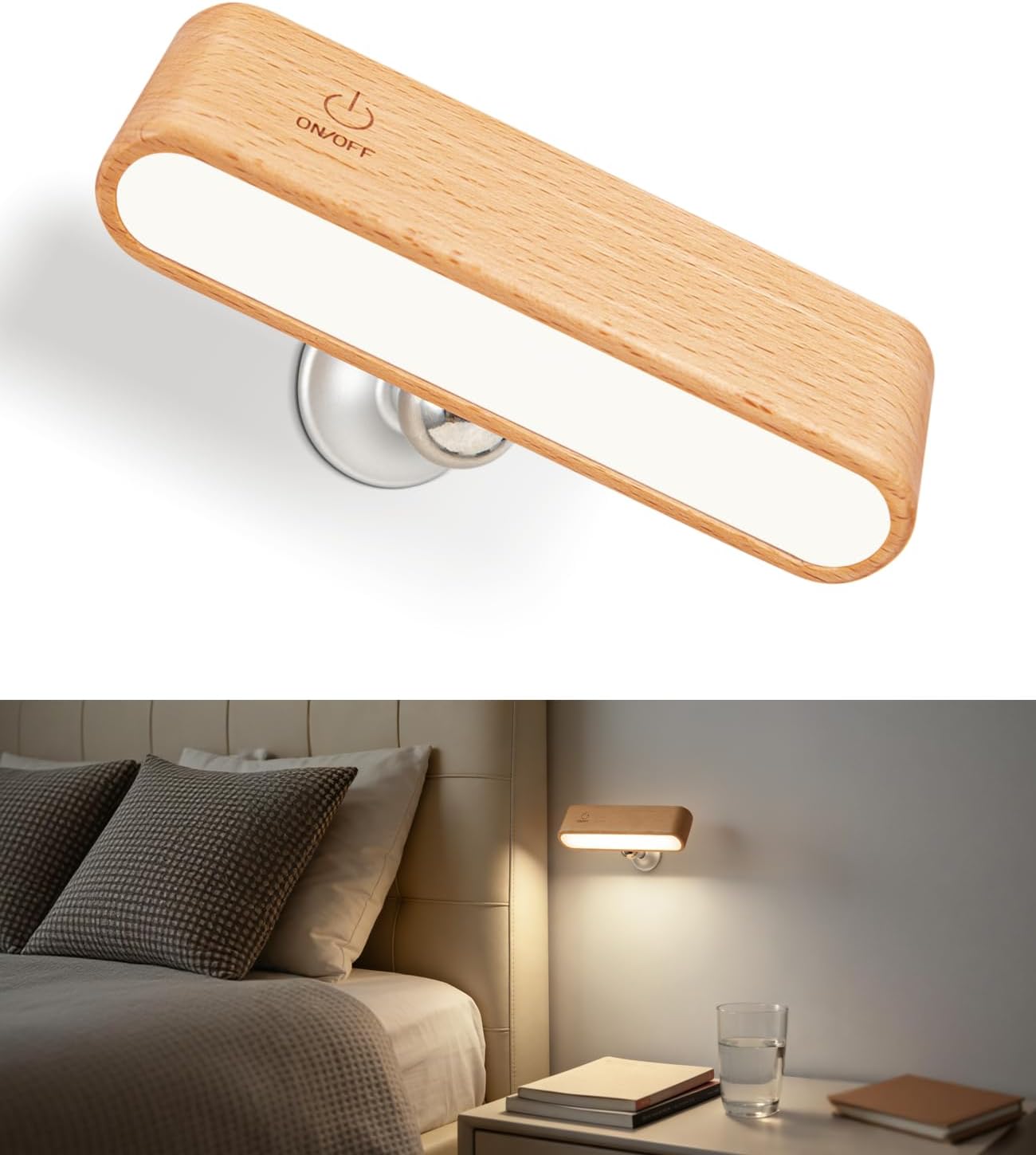 Rechargeable Wall Sconce, Reading Light for Bed, Magnetic Wood Lamp | Set of 2, Black Walnut, Touch Control, Adjustable Brightness, 4000K Nautral Light for Reading, Headboard Light, 360° Rotation