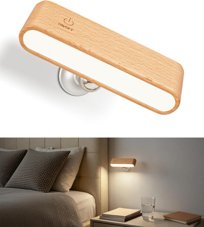 Rechargeable Wall Sconce, Reading Light for Bed, Magnetic Wood Lamp | Set of 2, Black Walnut, Touch Control, Adjustable Brightness, 4000K Nautral Light for Reading, Headboard Light, 360° Rotation