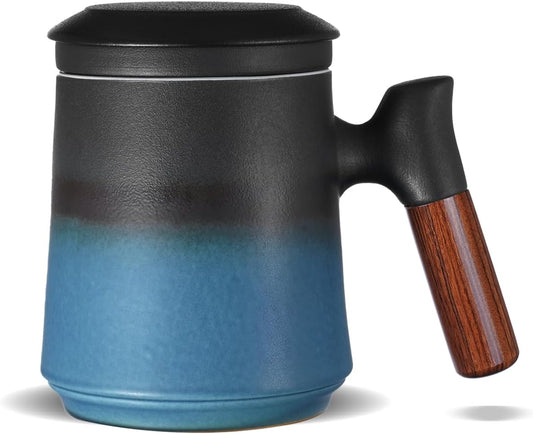 ZENS Tea Mug with Infuser and Lid for Loose Tea Steeper, 14.5oz Blue | Embossed Ceramic Tea Cup with Infuser for Herbal Tea Difussers, Tea Lovers Gifts, Modern Organic Wood Handle