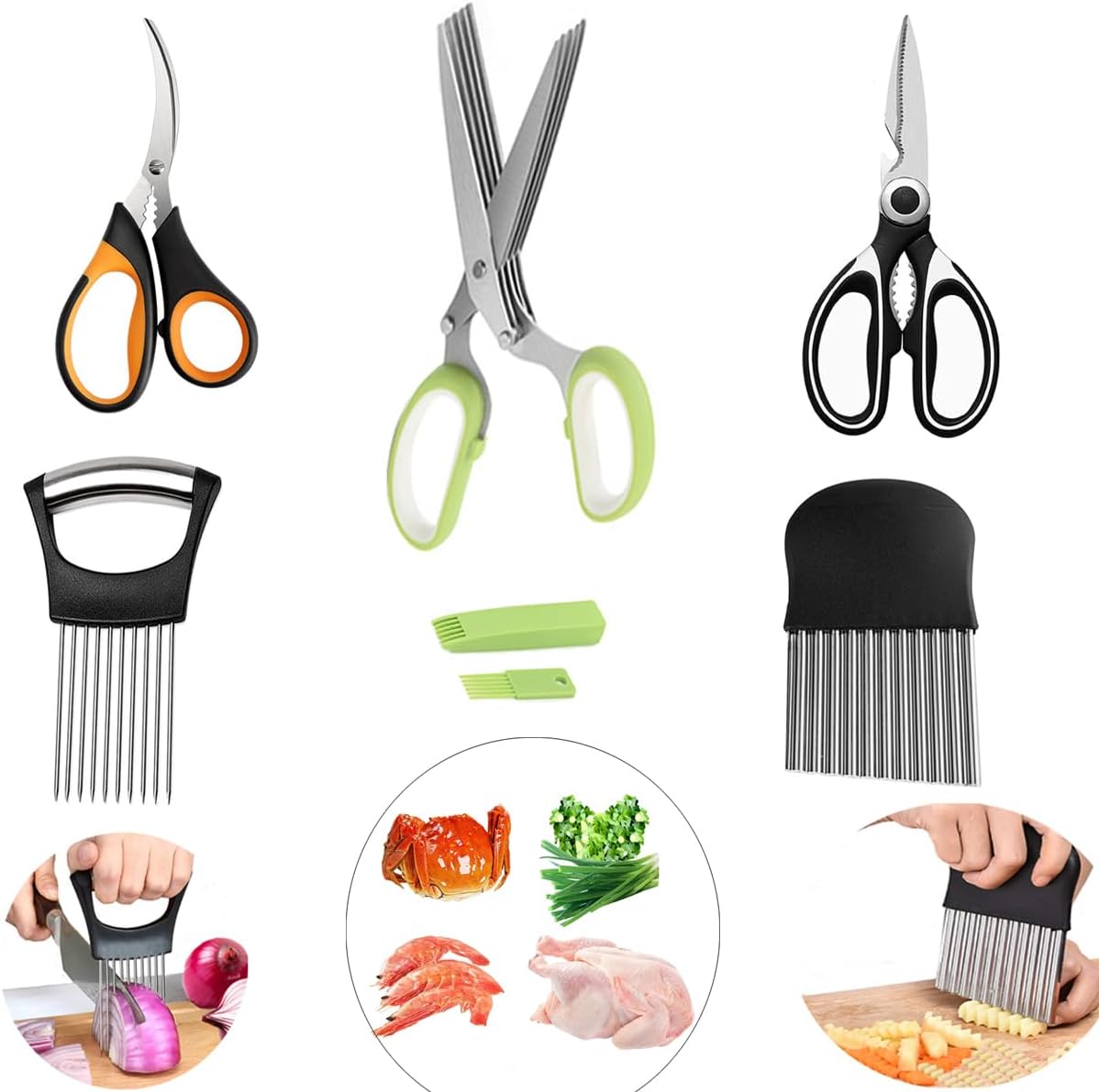 5-Blade Herb Scissors, Kitchen Shears, Seafood Scissors, Onion Holder Slicer and Potato Crinkle Cutter, yamesu Kitchen Gadget Salad Herb Tools 5 Sets