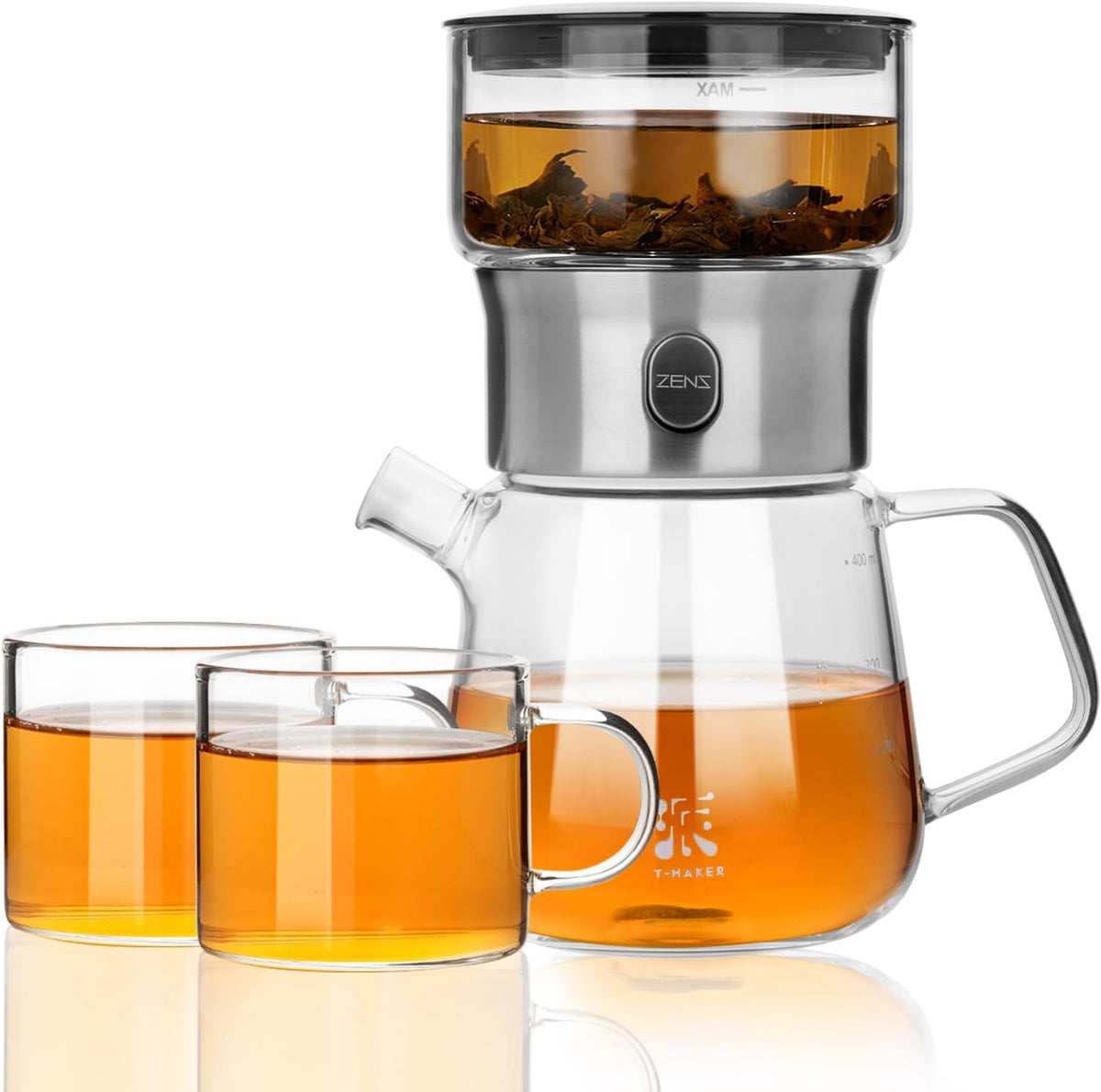 ZENS Glass Infuser Teapot, One Touch Tea Maker for Loose Leaf Tea, Walnut