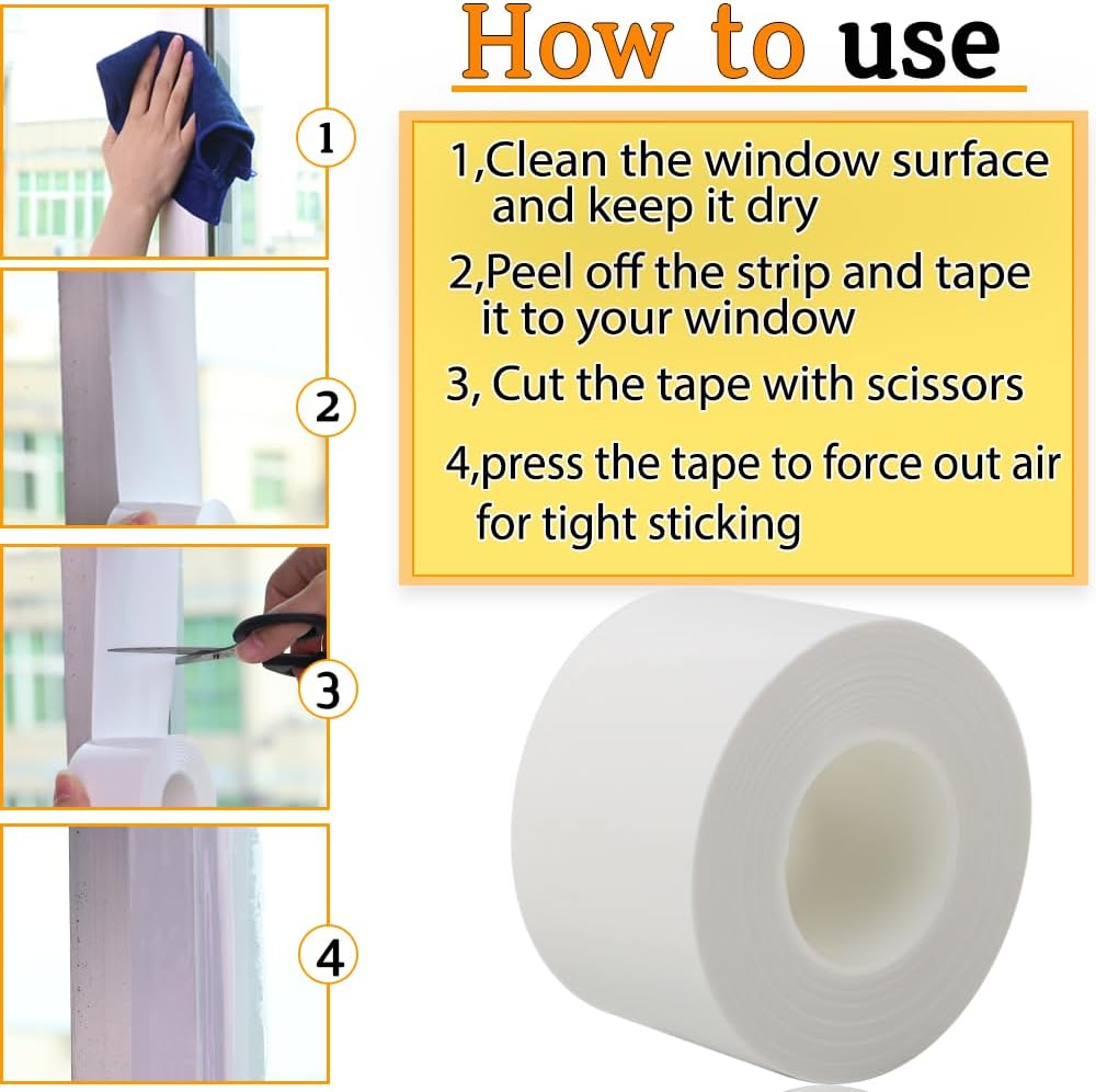 Qoqooice Transparent Window Weather Sealing Tape 2 Inch x 33 FT Weather Stripping Residue-Free Clear Window Insulation Tape for Doors Windows and Shower Glass Gaps