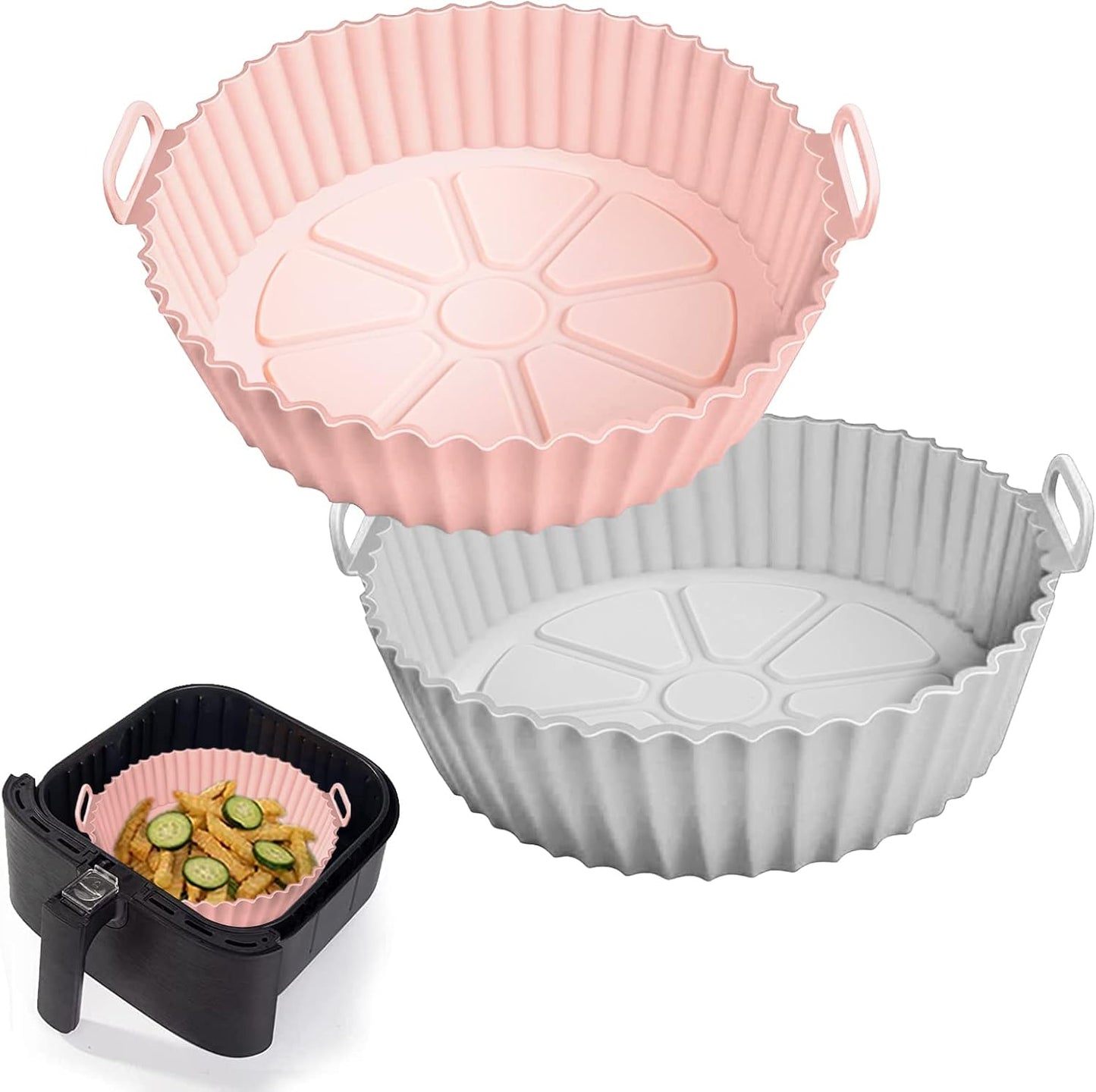 2 Pack Air Fryer Silicone Liners Pot for 3 to 5 QT, Basket Bowl, Replacement of Flammable Parchment Paper, Reusable Baking Tray Oven Accessories, Red+Blue, (Top 8in, Bottom 6.75in)
