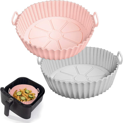 2 Pack Air Fryer Silicone Liners Pot for 3 to 5 QT, Basket Bowl, Replacement of Flammable Parchment Paper, Reusable Baking Tray Oven Accessories, Red+Blue, (Top 8in, Bottom 6.75in)