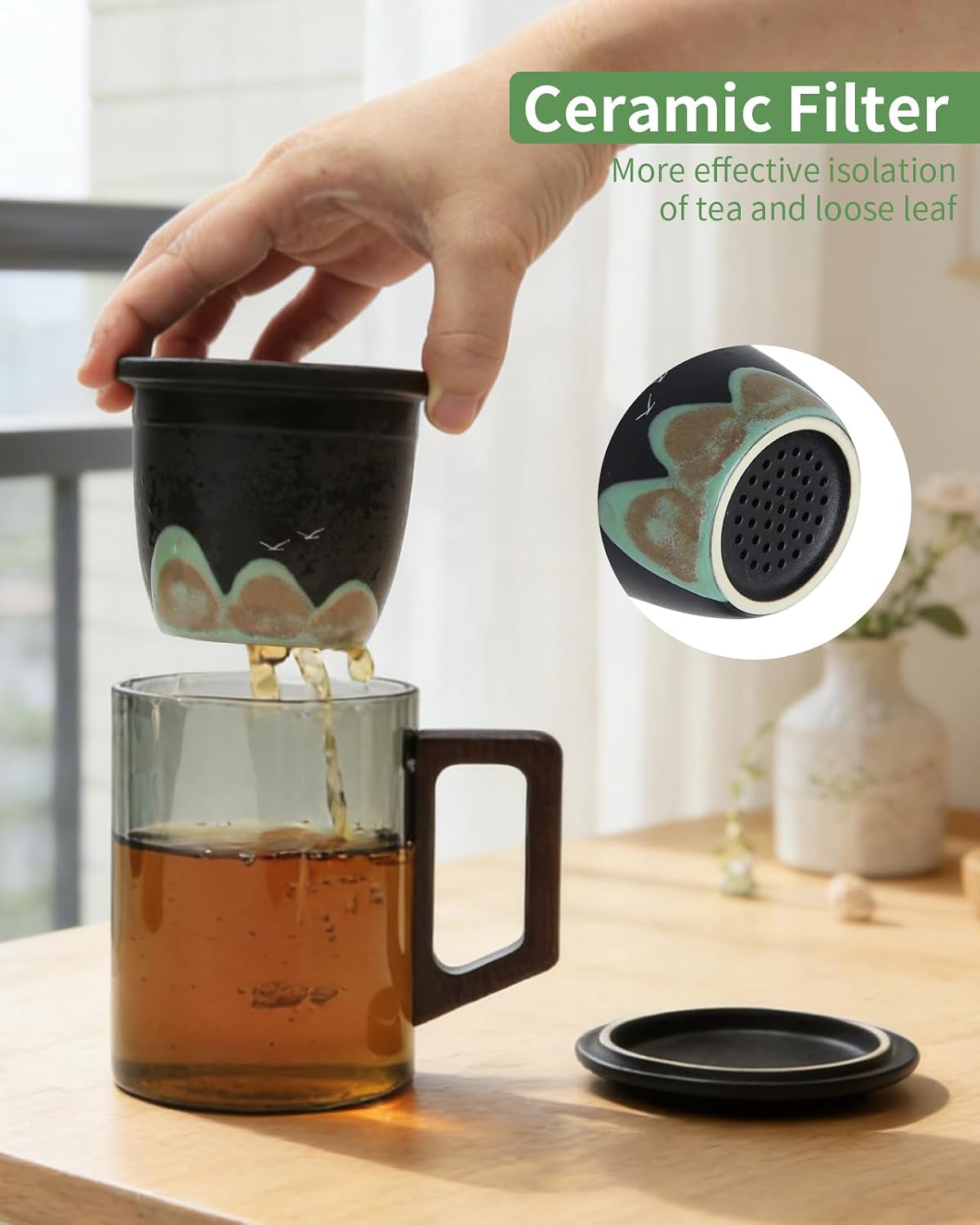 Tea Mug with Infuser and Lid for Loose Leaf Tea, Premium Glass Cup with Ergonomic Wooden Handle, Embossed Oriental Mountain Ceramic Strainer, Unique Gift for Tea Lovers Men Women Black