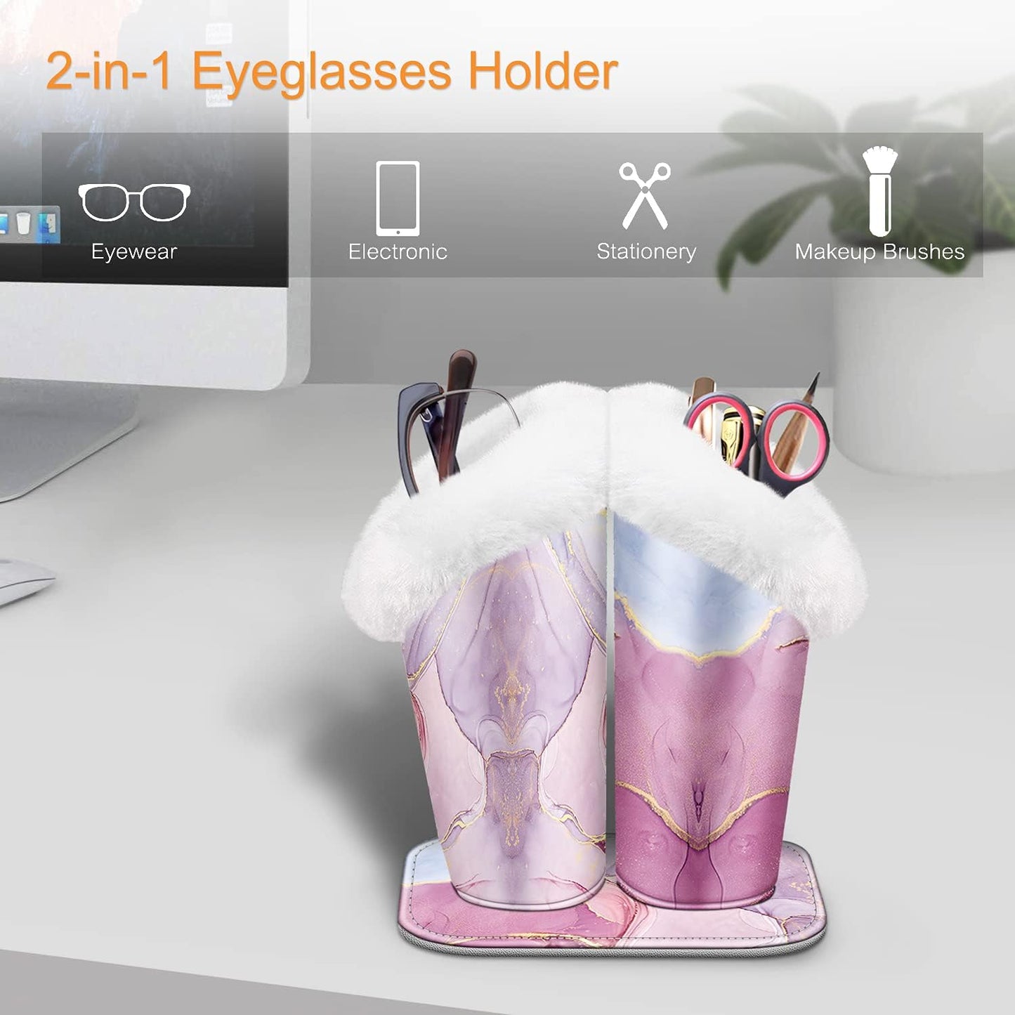 FINTIE Plush Lined Double Eyeglasses Holder with Magnetic Base for Desk | Soft Plush Lining, Glasses Stand Case For Nightstand / Bedside, Office Desktop Organizer, Small Item Storage
