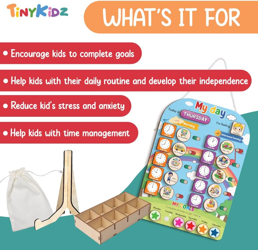 TinyKidz Wooden Daily Routine Chart 11x15, Schedule Board for Kids, Wooden Chore Chart for Kids, Responsibilities Chart for Toddlers, Morning Bedtime Routine for Toddlers