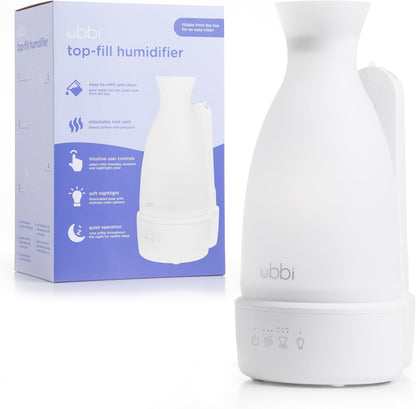 Ubbi Ultrasonic Humidifier, Easy Top-Fill Design | Adjustable Mist Control, Whisper-Quiet 25dB, Soft Night Light Glow for Nursery & Bedroom, Easy to Clean, Auto Shut-Off