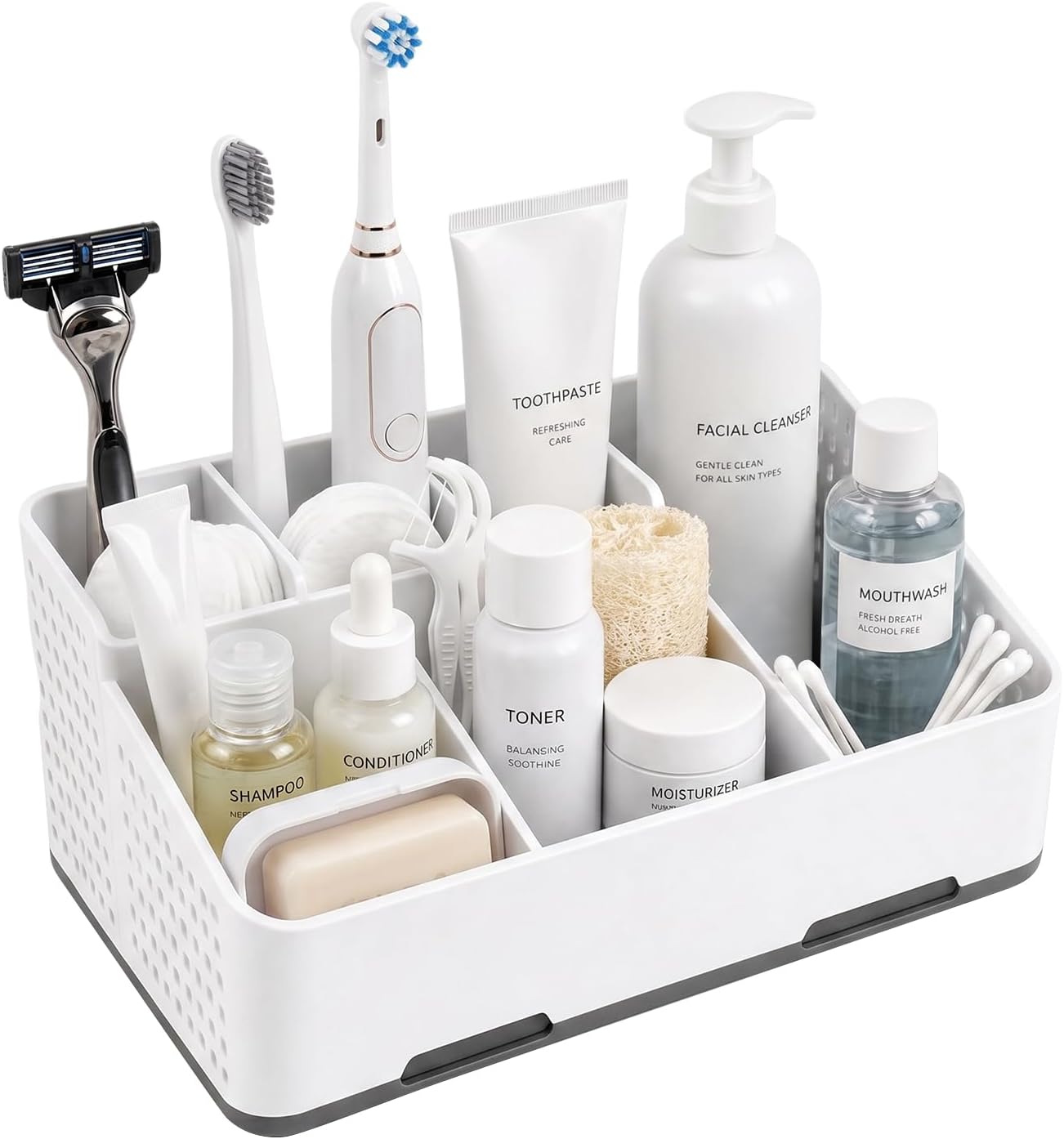 Cleangor Countertop Bathroom Organizer, Toothbrush Holder with Drainage | Vents, Cord Hole for Multi-grid Electric Toothbrush Charger, Family Bathroom Use