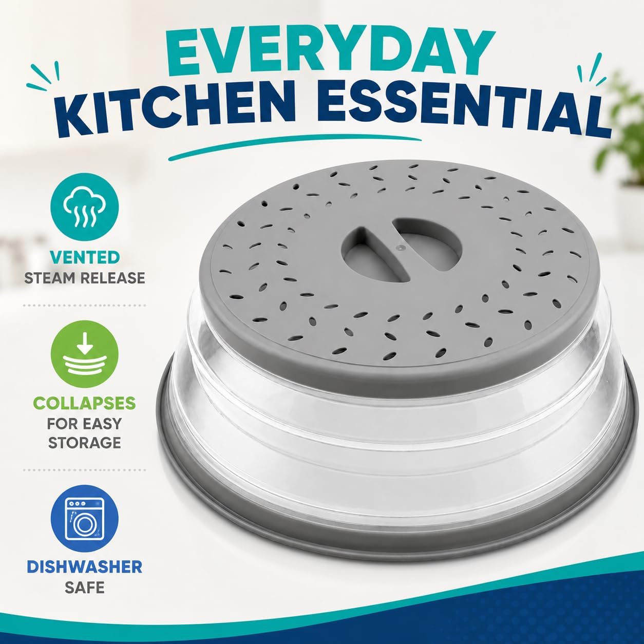 Collapsible Microwave Splatter Cover for Food 10.5 Inch Vented Blue