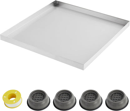 28" x 30" Washing Machine Drain Pan with Drain Hole & Hose Adapter, 304 Stainless Steel Heavy Duty Washer Drip Tray with 4 Anti-Vibration Feet for Compact Washers