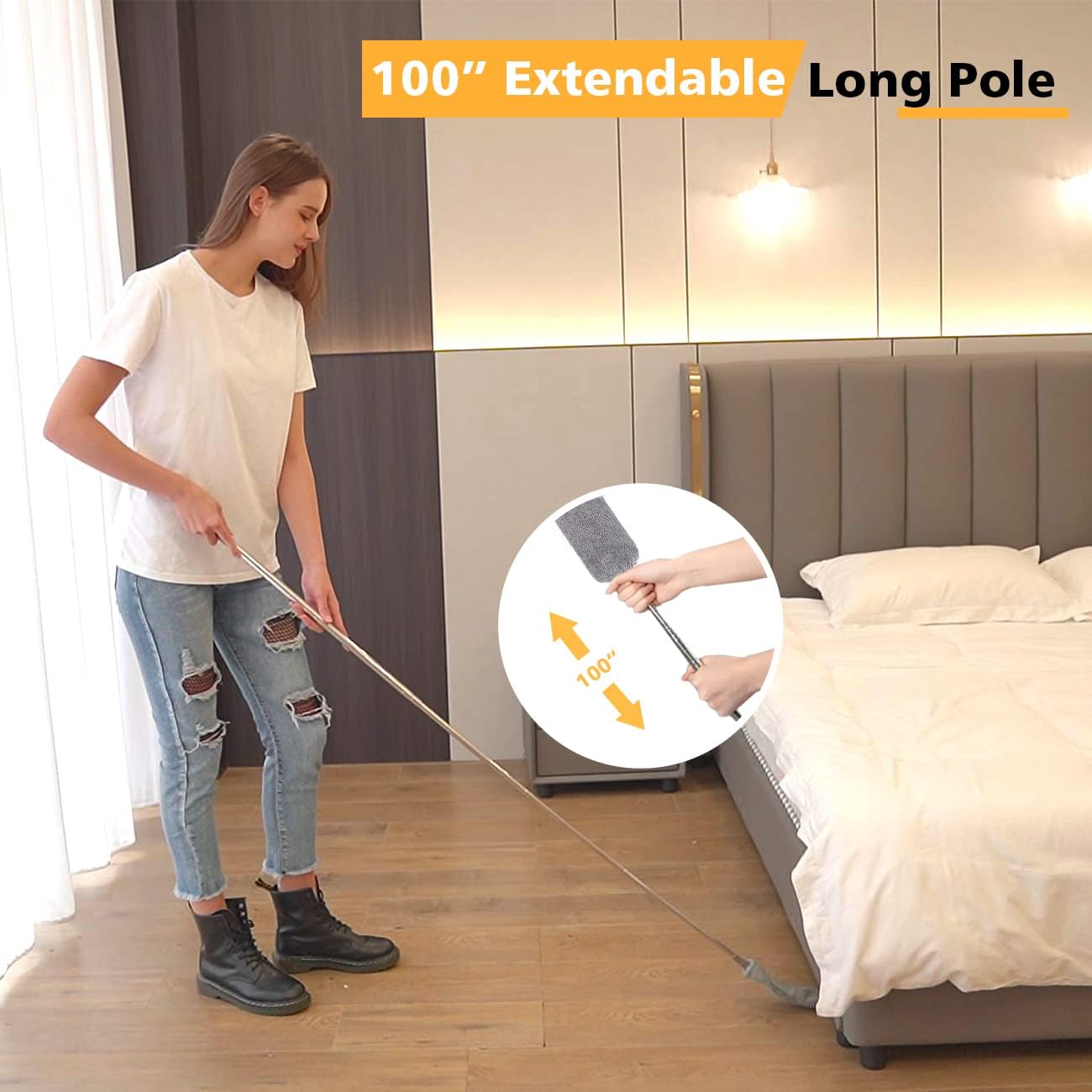Retractable Gap Dust Cleaner with 3 Reusable Microfiber Dusting Cloths, Under Appliance/Refrigerator/Furniture Cleaning Tool with 100” Extension Pole, Washable Flat Gap Cleaning Duster by OOSOFITT